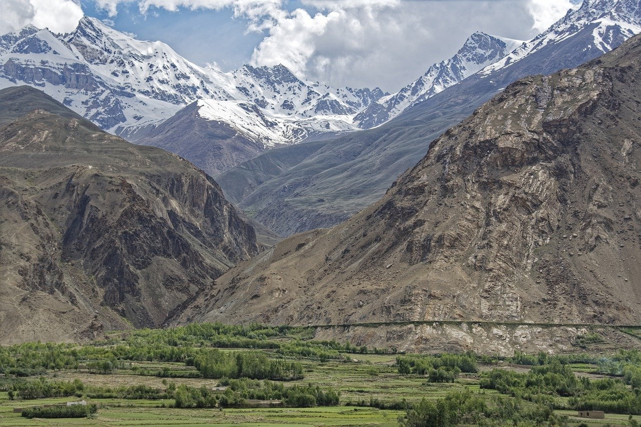 Mountains behind a field of grass. In the background, mountains are covered in snow